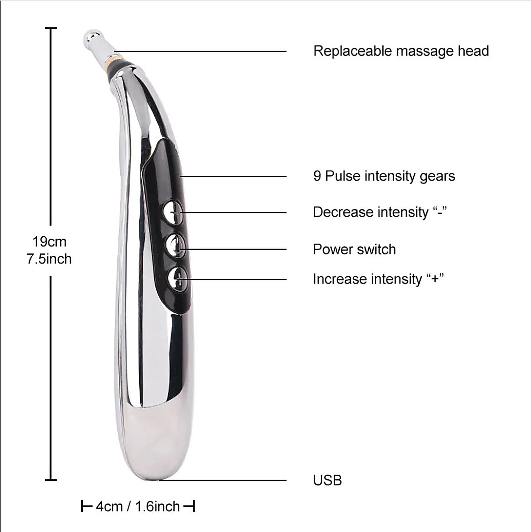Rechargeable Acupuncture Pen dimensions and controls
